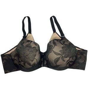Cacique Bra 46C Black Mesh Floral Lace Lightly Lined Underwire Balconette